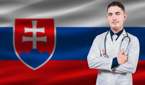 Portrait of medical professional on Slovakia flag background. Slovak national health system