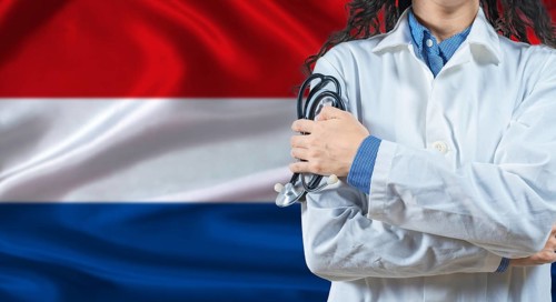 Healthcare professional with Netherlands flag background. Professional doctor holding stethoscope