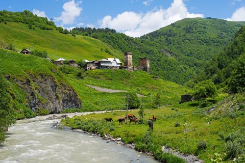 River surrounded by green countryside and hills with a village in the background, horses on the