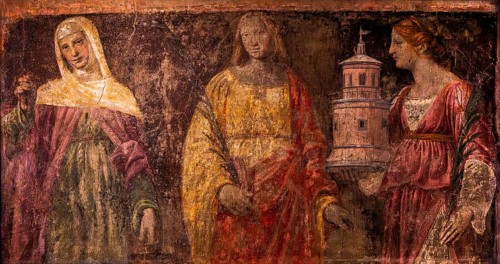 Three Saints — Martha, Catharina and Barbara, fragment of a fresco of St. Martha's Church in Milan,