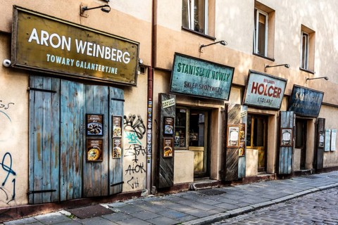 Shop fronts on Szeroka Street, signs bearing Polish and Jewish names, Kazimierz, a historically