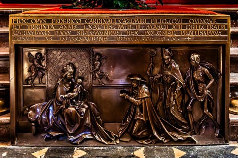 Tomb of Cardinal Fryderyk Jagiellonczyk, 1510, relief depicting kneeling cardinal in front of the
