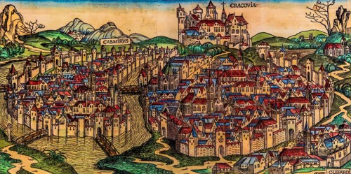 Historical view of Kazimierz, woodcut by M.Wolgemut, Nuremberg 1493, historically significant,