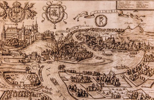Map of Kazimierz, copper engraving, 1608, Kazimierz Jewish Quarter, historically significant,
