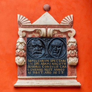 Memorial plaque at St. Mary's Basilica for Adam Nagoth senior, a councilman who died in 1623 at the