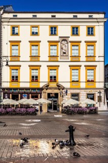 Caffe am Rynek with Cloth Hall, from 13th century, Main Market Square, landmark of the city,