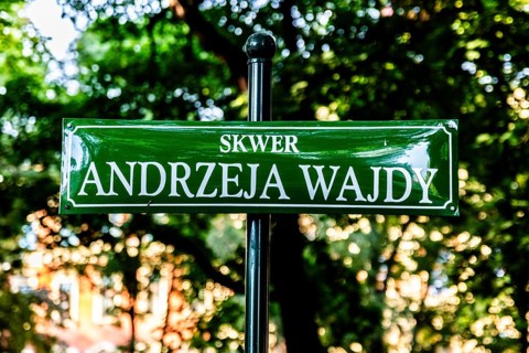 Street sign in honor of eminent Polish film director Andrzej Wajda, Krakow, Poland