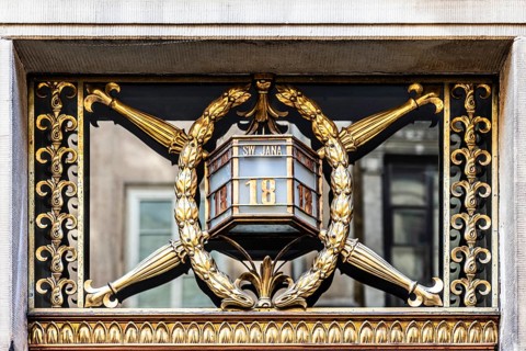 Typical house number lanterns, details of old town lanes, Krakow, Poland