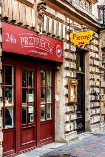24 hours Pierogi, details of the old town lanes, Krakow, Poland