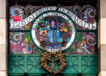 Stained glass window with reference to the former St. Stephen's Church, Krakow, Poland