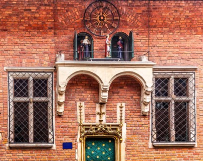 Porta Aurea with music box with moving figures from university history, Collegium Maius oldest