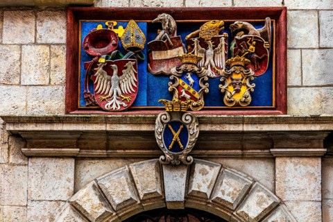 Entrance portal with coat of arms, Collegium Maius oldest building of the Jagellonian University,