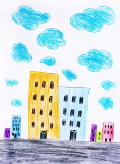 Naive illustration, children's drawing, colorful skyscrapers with clouds, Austria