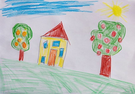 Naive illustration, children's drawing, residential building in the garden with fruit trees,