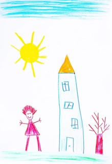 Naive illustration, children's drawing, happy woman standing in front of a residential building,