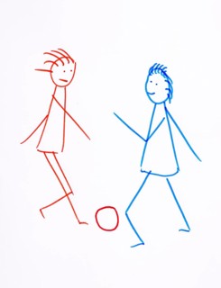 Naive illustration, children's drawing, two children playing soccer, line art, Austria