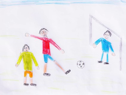 Naive illustration, children's drawing, children playing soccer in front of the goal, Austria