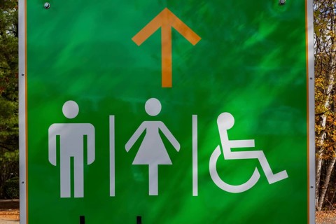 White painted outlines of adult male, female and person in wheelchair on green pictogram sign
