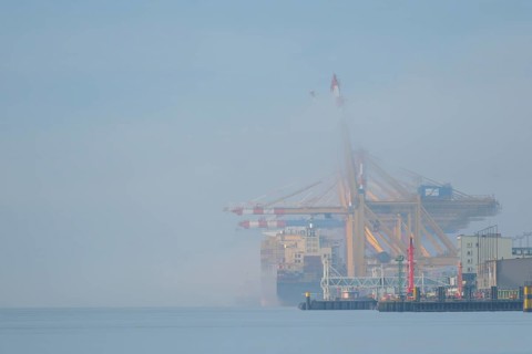 View of the river quay in Bremerhaven in fog, Bremen, Germany