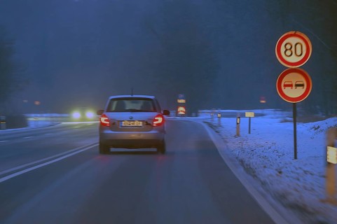 Cars during night snow flurries on B2, Nuremberg, Middle Franconia, Bavaria, Germany