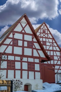 Timbered gables of historic farmhouses, built in 1744, Neunkirchen near Lauf an der Pegnitz, Middle