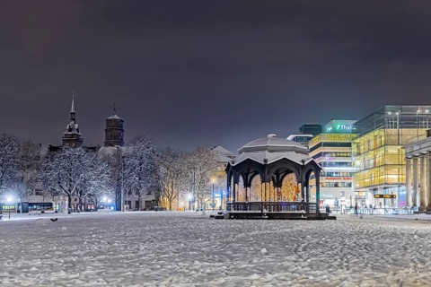 Winter in Stuttgart. It snowed overnight and the city is wintry white early in the morning. Palace