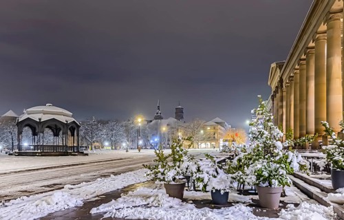 Winter in Stuttgart. It snowed overnight and the city is wintry white early in the morning. Palace