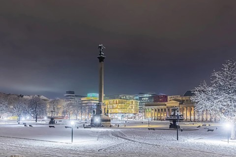 Winter in Stuttgart. It snowed overnight and the city is wintry white early in the morning. Palace