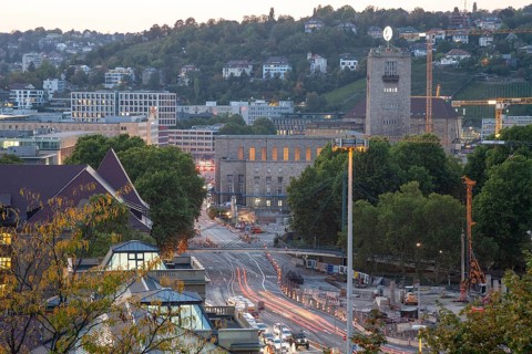 19 Sep 2018 at dusk, glowing city lights with view to central station and skyline. Stuttgart,