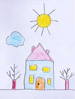 Naive illustration, children's drawing, house in the garden, sunshine and cloud, Austria