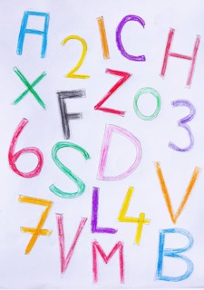 Naive illustration, children's drawing, colorful letters and numbers, Austria