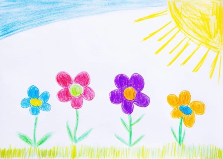 Naive illustration, children's drawing, colorful flower meadow with sun and cloud, Austria