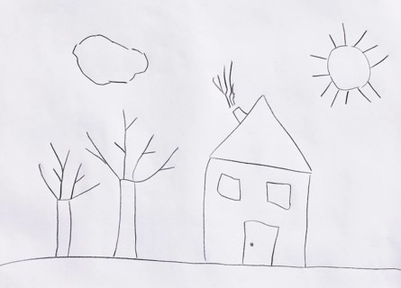 Naive illustration, children's drawing, house in the garden with trees and sun, Austria