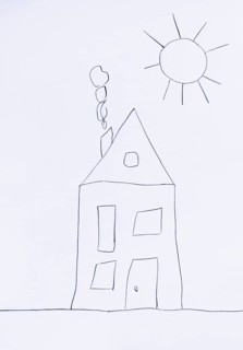 Naive illustration, children's drawing, house in the garden with sun, Austria