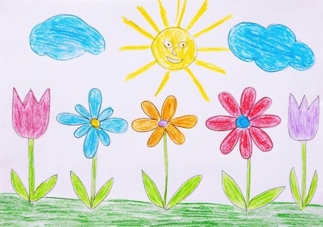 Naive illustration, children's drawing, colorful flower meadow with sun and clouds, Austria