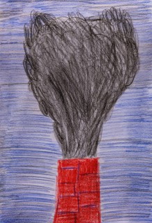 Naive illustration, child drawing, environmental pollution, chimney with plumes of smoke, Austria