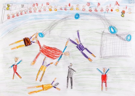 Naive illustration, children's drawing, children playing soccer, Austria