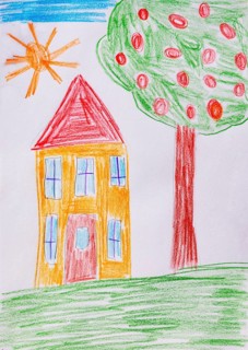 Naive illustration, children's drawing, residential house in the garden with fruit tree, Austria
