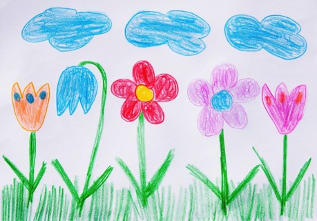Naive illustration, children's drawing, colorful flower meadow with clouds, Austria