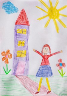 Naive illustration, children's drawing, happy woman standing in front of a residential building,