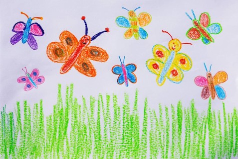 Naive illustration, child drawing, animal figure, colorful butterflies in the meadow, Austria