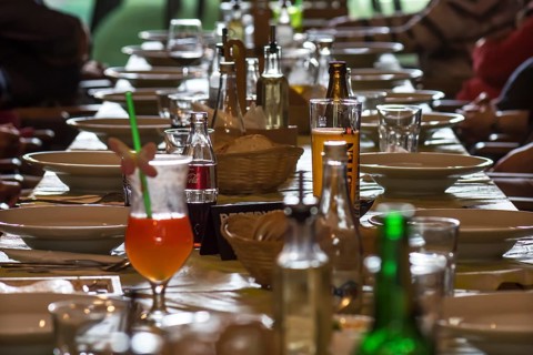Decorated table for a company in a restaurant, Cluj-Napoca, Romania