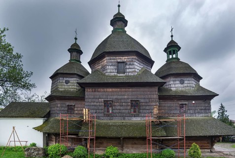 Historic wooden Trinity Church in Zhovkva city, Ukraine