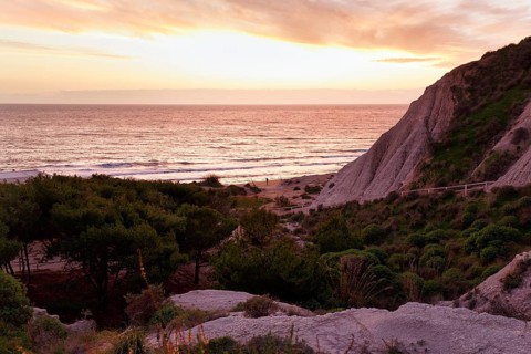 Scala dei Turchi chalk cliffs, coastline at sunset, Realmonte, Agrigento, Sicily, south coast,