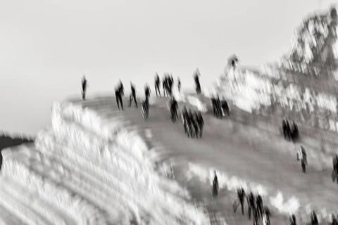 Terraced chalk cliffs Scala dei Turchi, anonymous walkers on Turkish steps, illustration,