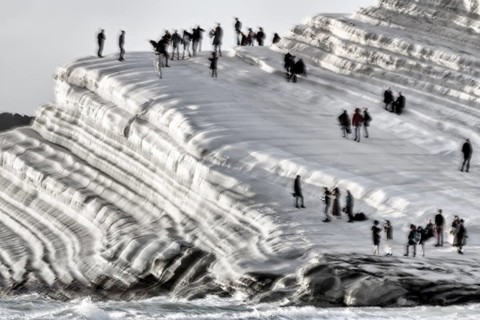 Terraced chalk cliffs Scala dei Turchi, anonymous walkers on Turkish steps, illustration,