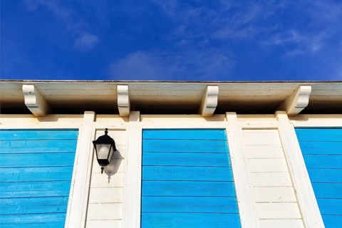 Beach house, blue and white, facade detail with lantern, Lido Scala dei Turchi, Realmonte,