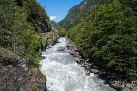 Wild water flows through a rocky valley, Enguri River near Khaishi, Mingrelia and Upper Svaneti