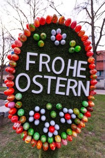 29.03.2018: Festive Easter decoration featuring colorful eggs and egg shape. Faurndau, Goeppingen,