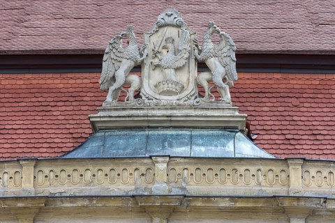 The coat of arms of the Bánffy family at Bánffy Castle, Baroque building from the 18th century,